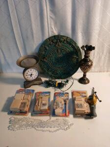 (1) Vintage Aztec 7" Solar Sun Inlay (1) Vintage Etched Brass Vase W/ Black Enamel Accents (3) Lowe's Build And Grow Figurines & More