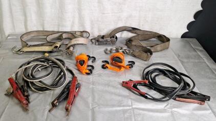 (2) Pairs Of Jumper Cables, (2) Ratchet Straps & (2) Large Cargo Ratchet Straps