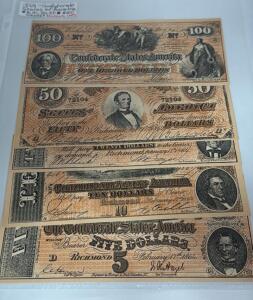 1864 Confederate States Of America Notes $5,10,20,50&100 Museum Copy&rsquo;s Not Real