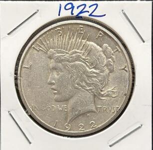 1922 United States Peace Dollar Coin, Silver, No Mint Mark