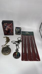 (1) Lion Cigarette Case & Dragon Lighter case , Small Dragon Pocket Watch, Brass Toned Dragon Pocket Watch & Hobby Pick Set