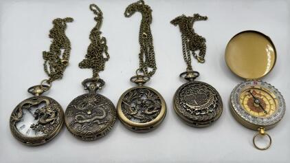 (3) Dragon Themed Pocket Watches,(1) Owl Pocket Watch,(1) Compass