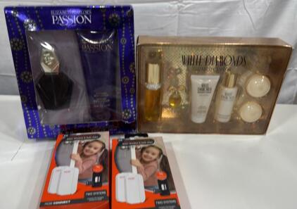 2 Packages Of Elizabeth Taylor Lotions & Such Items , 2 Smart Nursery Alarms