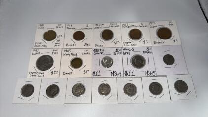(7) Foreign Currency Coins , (1) 1953-s Silver Dime , (1) 1946-s Jefferson Nickel, (8) Assorted Nickels