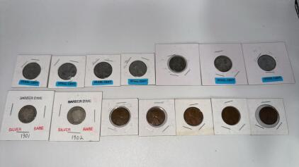 (7) WWll Steel Cents , (2) Silver Barber Dimes , (5) Wheat Back Pennies