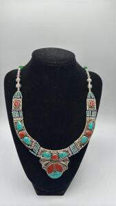 Beautiful Natural Turquoise & Red Coral Large Necklace