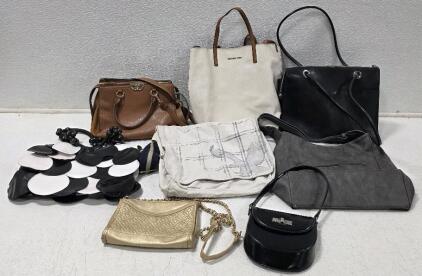 (1) Steve Madden Black Patent Faux Leather Small Shoulder Bag (1) Nine West Caramel Faux Leather Satchel W/ Suede Sides (1) Michael Kors Hayley Vanilla/Acorn Large Tote Bag <br/>