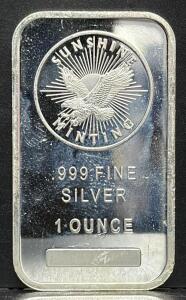 Sunshine Minting Silver Bullion Bar, 1 Ounce, .999 Fine Silver