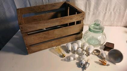 (1) Vintage 22"x15"x12" Wooden Crate (1) 11" Glass Cookie Jar (14) Assorted Light Bulbs