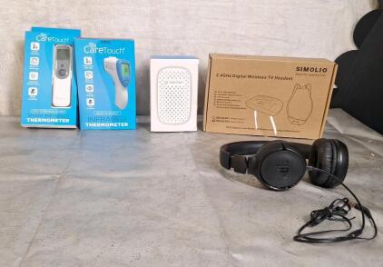 (2) Care Touch Digital Thermometers, (1) Clarifion Plug In Air Ionizer, (1) Simolio Digital Wireless TV Headset & (1) JBL Wired Headset