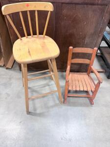 Traditional Wooden Bar Stool and Child's Rocking Chair Set, Wood Finish