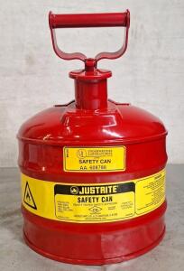 (1) Justrite 2-Gallon Type I Red Safety Gas Can For Gasoline W/ Flame Arrester & Self-Closing Lid, Made in the USA, Galvanized Steel Flammable Storage Can