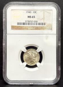 1940 Mercury Dime, MS 65, NGC Graded, Silver Content