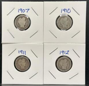 1907, 1910, 1911, 1912 Barber Dimes, U.S. Coins by Charles E. Barber