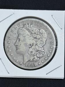 1881 Morgan Silver Dollar Coin, U.S. Mint, 90% Silver