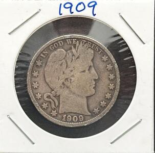 1909 Barber Half Dollar Coin, 90% Silver, Liberty Head