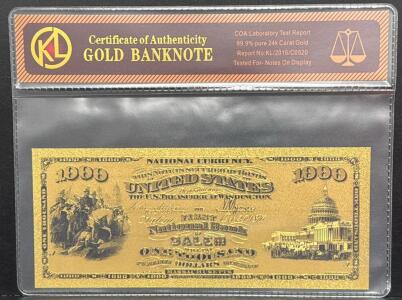 Gold-Plated $1000 US Banknote Replica, 99.9% Pure 24K Gold with COA
