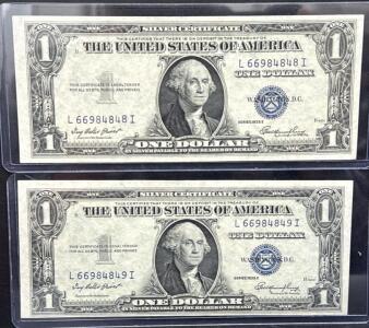 (2) Crisp Consecutive U.S. 1935 E Silver Certificate One Dollar Bills, Serial L66984848I, L66984849l