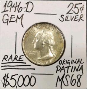1946-D MS68 Rare Original Patina Gem Silver Quarter