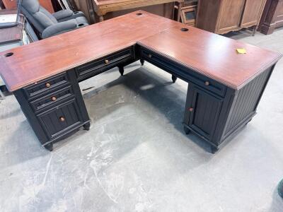 L-Shaped Office Desk, Black & Brown Wood, 6 Drawers, National Lighting Power Strip