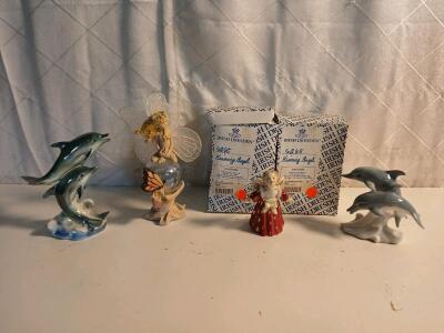 (2) Vintage Irish Dresden "Kissing Angel" 4245 (1) Norcross Blue Iridescent Procelain Leaping Duo Dolphins Figurine & More