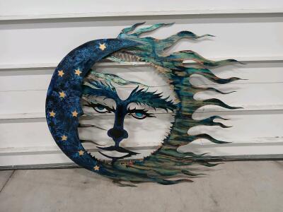Large Metal Moon And Sun Sculpture Wall Art -48"Lx42"H