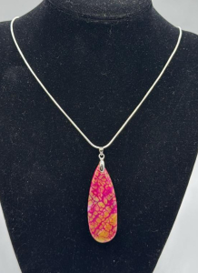 42.80ct. Natural Peach/Red Dragon Veins Agate TearDrop W/ .925 Stamped Silver Necklace