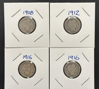 (4) Piece Barber Dime Set, 1908, 1912, 1916, 90% Silver, U.S. Mint