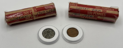 Penny Lot (1) 1909 VDB Wheat Back (1) 1943 WWII U.S. Emergency Issue Steel Penny (2)Rolls Of 1909-1958 Wheat Back Pennies