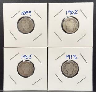 Lot of 4 Barber Dimes (1899, 1902, 1905, 1913) - US Mint, 90% Silver