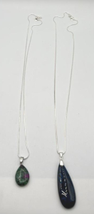 Gemstone Necklaces- (1) Natural Teardrop Ruby+Zoisite Gemstone & .925 Silver Necklace, (1) Black+Blue Fire Agate Teardrop Gemstone & .925 Silver Necklace