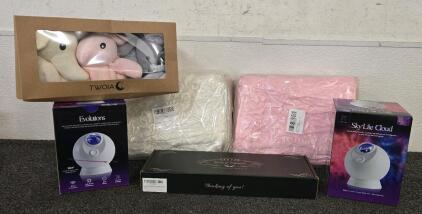 (1) 4x5.8 White Rug And (1) Pink Rug, (2) SkyLite Cloud Projectors, Memorial Wind Chime, Children's Animal Cute Towels