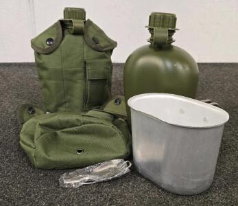 (2) Military Style Canteen Army Canteen W/ Aluminum Cup And Foldable Spoon, 1 Quart Green