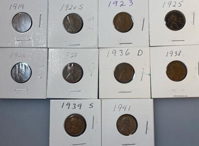(10) Wheat One Cent Pennies 1919-1941