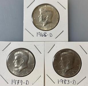 (3) John F. Kennedy Half Dollars 1968-D, 1979-D, 1983-D