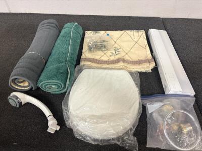 (2) Bath Rugs, (1) Shower Curtain with Hooks, (1) Bath Light, (1) Shower head, (1) Bath Towel Bar, (1) Toliet Seat