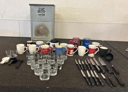 (15) Jack Daniel&rsquo;s Whiskey Glasses, (15) Coffee Mugs, (13) Unbranded Knifes, Miscellaneous Kitchen Utensils, 22 inch Enclosed Pet Lodge Chow Hound Feeder, See Pictures