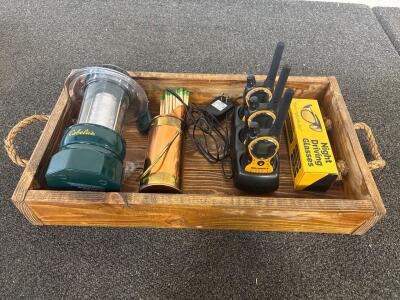 (1) Cabelas battery operated lamp, (1) set of X-Large match sticks, (3) rechargeable Motorola radios, (1) pair Night Driving Glasses