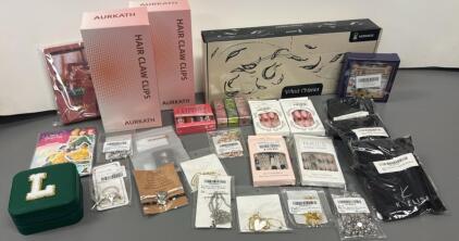 Large Assorted Beauty & Personal Care Lot: AURKATH Hair Clips, K. ELISE Accessories, Jewelry, Press-On Nails, and More