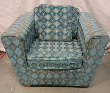 Mid-Century Modern Accent Chair With a Teal and Green Diamond and Spiral Pattern Upholstery.28"x42"x35"