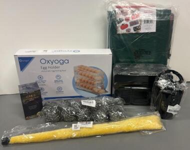Household Essentials Bundle: Oxyoga Auto Egg Holder, Large Yellow Loofah, Metal Scourers, Christmas Tree Storage Bags