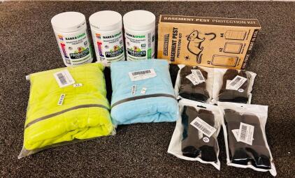 (2) Warm Dog Coats (Green/ Blue), (4) Dog Leg Brace, (3) Bottles Of Digestive Enzymes Probiotics For Dogs, and (1) Catchmaster Basement Protection Kit