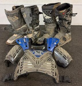 (1) Pair Of Fox Racing Comp Motorcross Boots, (1) Pair Of Fly Racing Maverik Motorcross Boots, And (1) Thor Aftershock Motorcross Chest Protector
