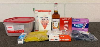 BRAND NEW PRODUCTS!! Including (1) Plastic Rubbermaid 2.5 Gallon Container, (1) Box Of Regular Flow Tampons, (2) Boxes Of Diamond Crystal Kosher Salt Flakes, And So Much More!!