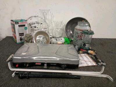 Coleman Double Camping Stove, (2) Glass Vases, Stainless Steel Mixing Bowl, Christmas Decorative Candle Holder, And More