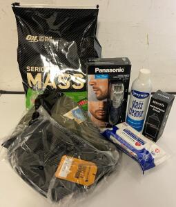 12 Lb Bag Of Optimum Nutrition Serious Mass Protein Powder, Panasonic Rechargable Beard / Hair Trimmer, Carhartt Fanny Pack, Fishing Hat & More