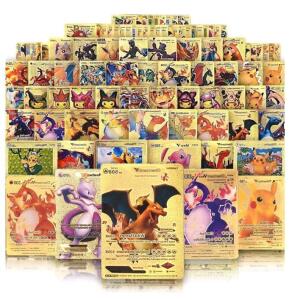 55 PCS Gold Cards Packs Vmax V EX GX Rare Golden Cards Deck Box Gold Foil Card for Fans/Kids/Collectors Gifts (No Duplicates)