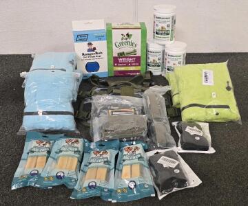Dog Health And Accessories- Tactical Harness(M), (3) Bottles Of Probiotics, Size Large (3) And XL (2) Sweaters And More