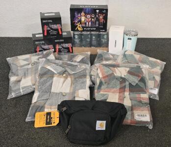 Mens Flannel Shirts (3) L And (3) XL, Carhartt Waist Pack, (3) Wrench Storage Holder And More