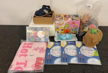 BRAND NEW PRODUCTS!!! Including (1) TOMLEON Fabric Flower Bouquet Craft Kit, (1) Pair Of Wulubaba Baby Boy Sandals In Size 6, (1) 9Pcs Plastic Pre-Historic Animal Toys, And More!!